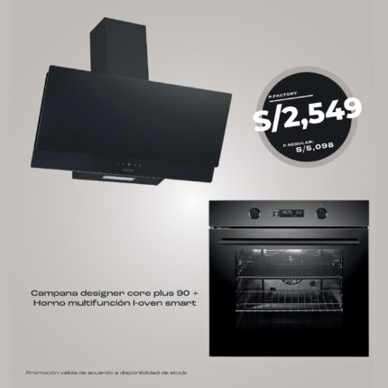 COMBO CAMPANA DECORATIVA DESIGNER CORE PLUS 90 HORNO MULTIFUNCION iOVEN SMART ZWART