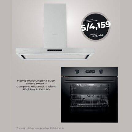 COMBO CAMPANA DECORATIVA ISLAND RVS BAKLIT EVO 90 HORNO MULTIFUNCION iOVEN SMART ZWART