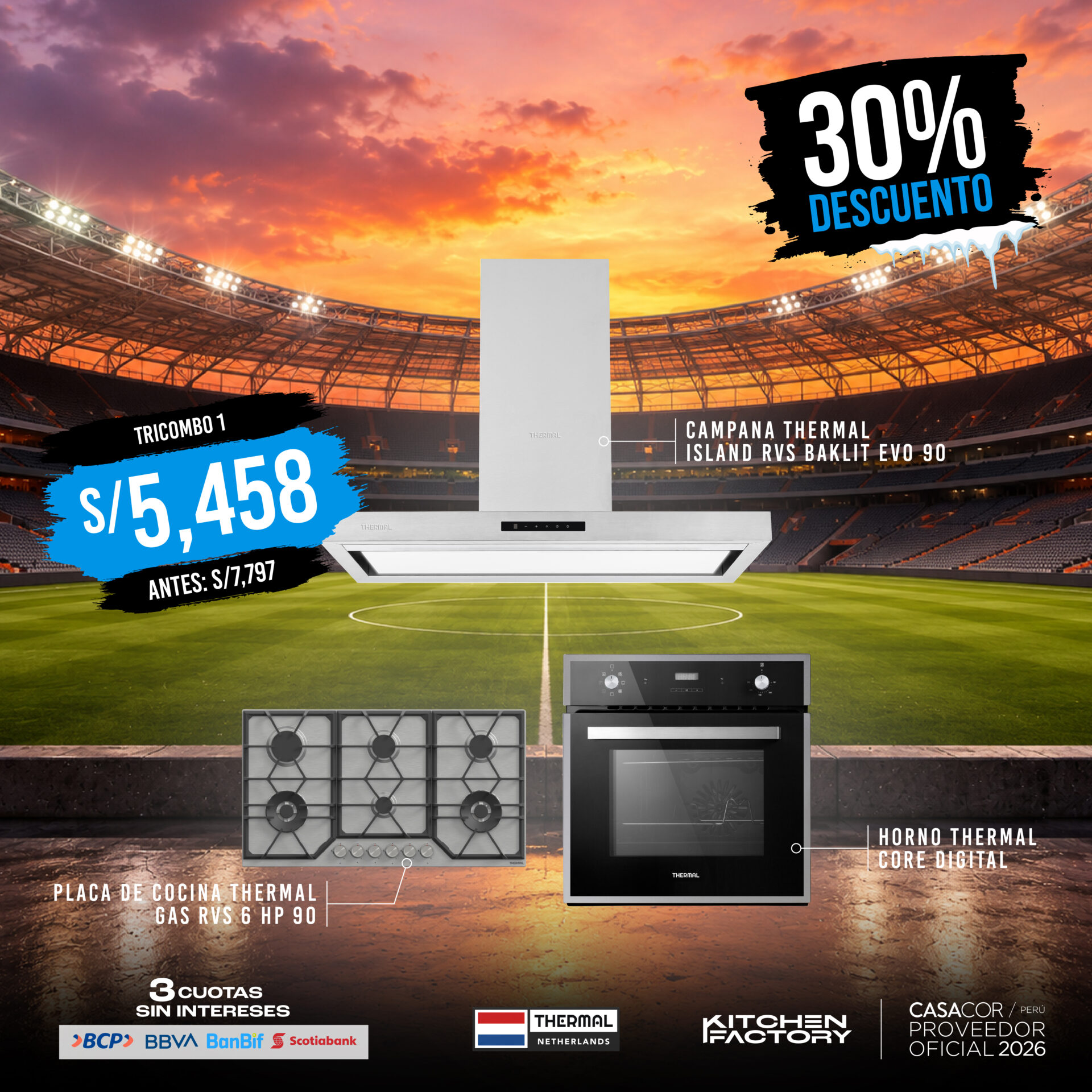 lapreviaT01 TRICOMBO CAMPANA DECORATIVA ISLAND RVS BAKLIT EVO 90+ ENCIMERA GAS RVS HP 60 HORNO CONVENCIONAL CORE DIGITAL - Imagen 1