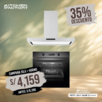 COMBO CAMPANA DECORATIVA ISLAND RVS BAKLIT EVO 90 HORNO MULTIFUNCION iOVEN SMART ZWART